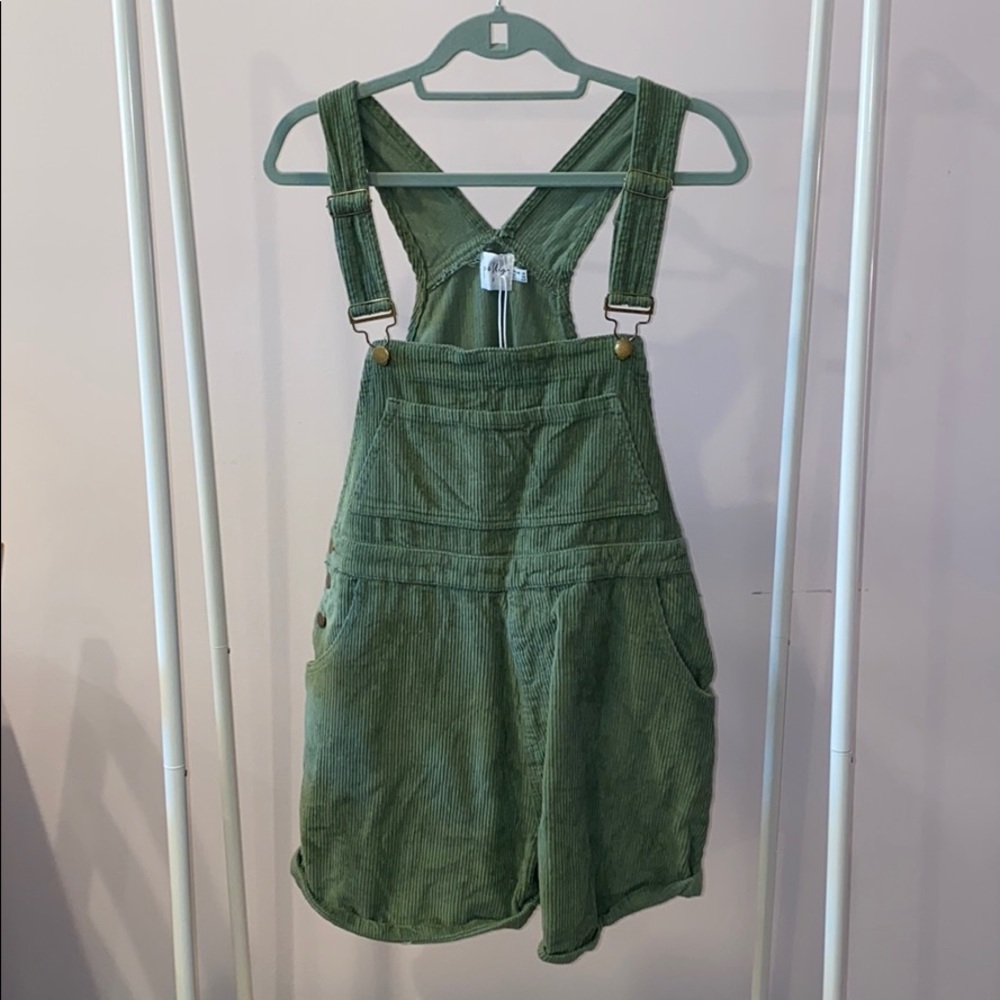 Princess Polly green khaki corduroy overall shorts